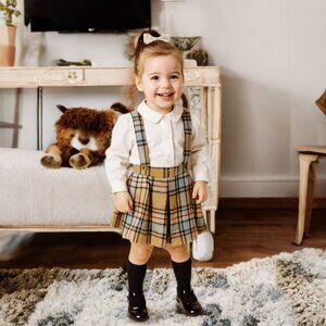 Petit Patapon Girl's Vintage Wool Overall Dress Plaid Suspender Pleated Skirtall